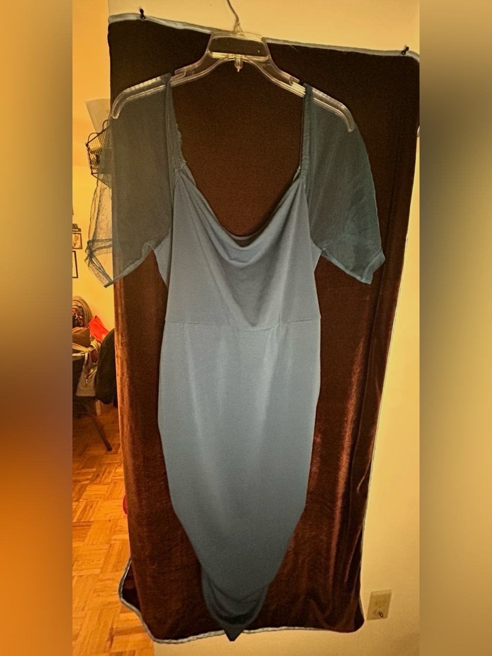 Shein Elegant Teal Ruched Bodycon Dress with Sheer Cap Sleeves - Picture 3 of 3